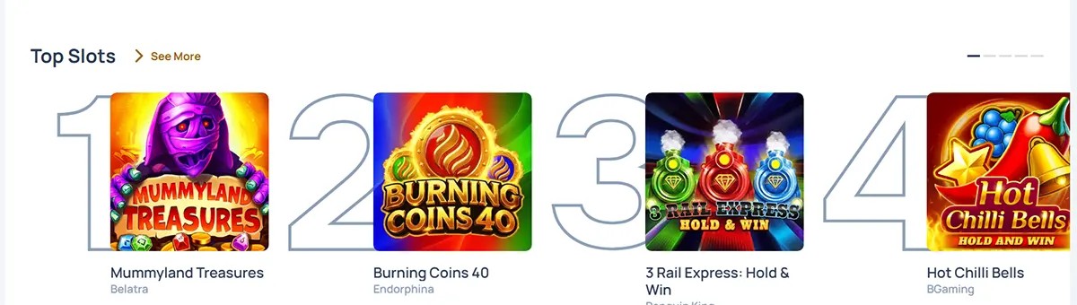 Top slots carousel showing ranked game tiles: Mummyland Treasures (Belatra), Burning Coins 40 (Endorphina), 3 Rail Express: Hold & Win (Penguin King), and Hot Chilli Bells (BGaming).