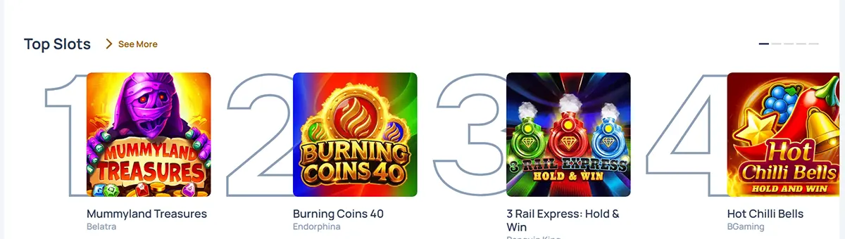 Top slots carousel showing ranked game tiles: Mummyland Treasures (Belatra), Burning Coins 40 (Endorphina), 3 Rail Express: Hold & Win (Penguin King), and Hot Chilli Bells (BGaming).