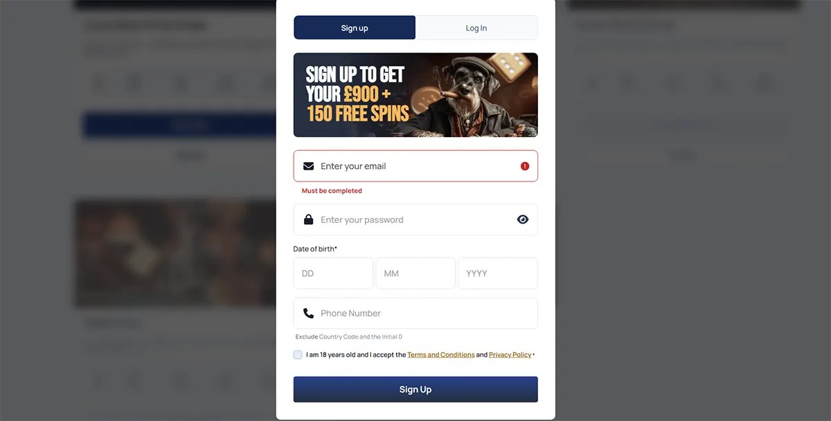 SpinDog casino sign-up form popup with “Sign up to get your £900 + 150 free spins” banner, email and password fields, date of birth and phone number inputs, terms checkbox, and “Sign Up” button.