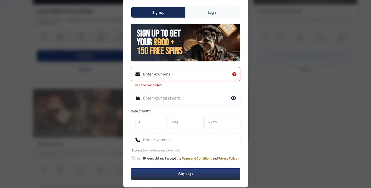 SpinDog casino sign-up form popup with “Sign up to get your £900 + 150 free spins” banner, email and password fields, date of birth and phone number inputs, terms checkbox, and “Sign Up” button.